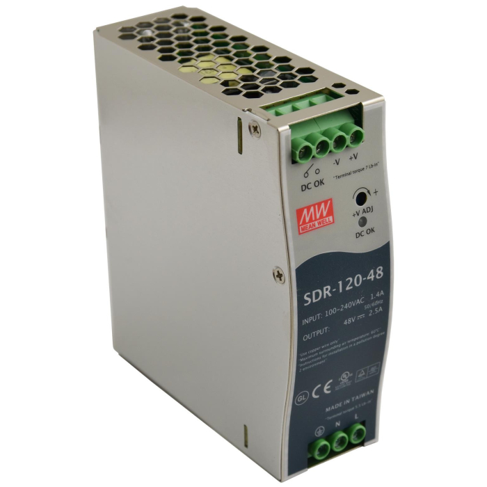 Zasilacz 120W - Meanwell SDR-120-48, napięcie wejściowe 230V AC, napięcie wyjściowe 48V DC, budżet mocy 120W (0~2,5A), -25? +70?, DIN