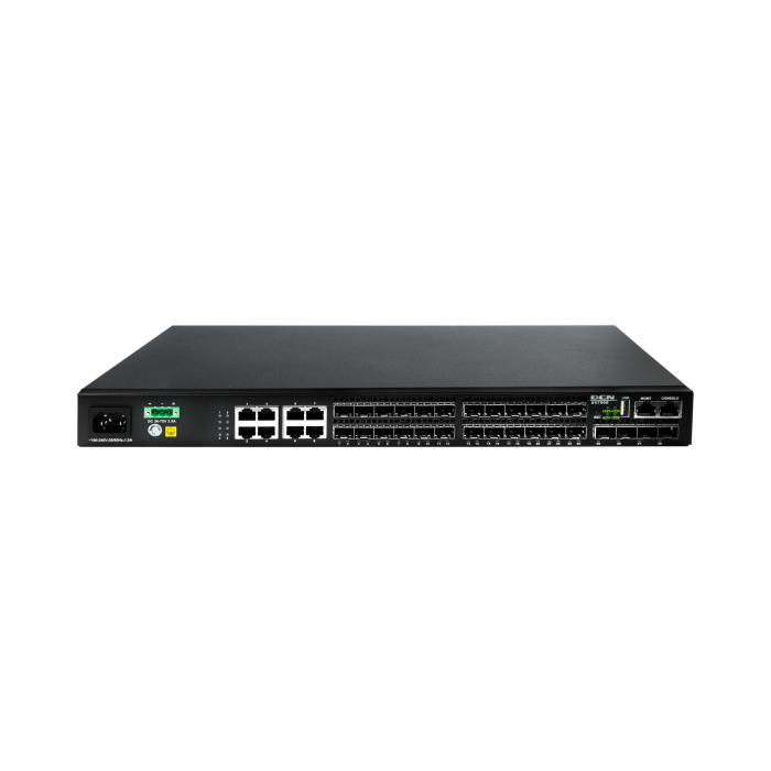 28portový optický přepínač L2 Managment s 16 porty SFP 1G, 8 porty Comb (SFP nebo RJ45), 4 porty 10G/1G SFP+ uplink AC+DC