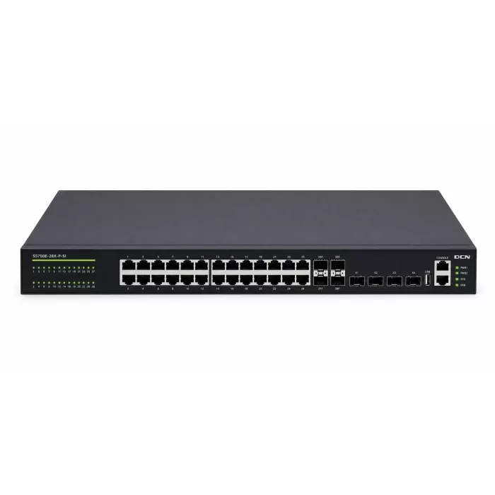 Switch L3 PoE+ DCN S5750E-28X-P-SI-R2 — 24 porty Gigabit RJ45, 4x 10G SFP+, panel przedni