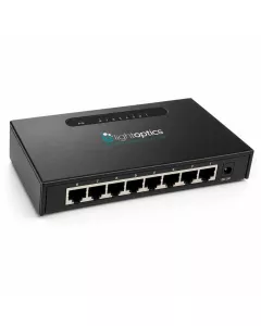 Switch LO-GS-8GT LightOptics – widok skośny, porty RJ45 i gniazdo zasilania DC 5V