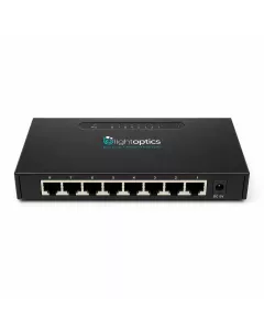 Switch LO-GS-8GT LightOptics – widok skośny, porty RJ45 i gniazdo zasilania DC 5V