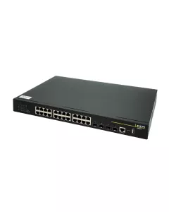 Switch DCN S4600-28X-P-SI — panel przedni: 24 porty Gigabit RJ45 PoE+ i 4 porty 10G SFP+